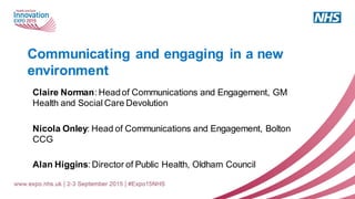 Communicating and engaging in a new
environment
Claire Norman: Headof Communications and Engagement, GM
Health and Social Care Devolution
Nicola Onley: Head of Communications and Engagement, Bolton
CCG
Alan Higgins: Director of Public Health, Oldham Council
 