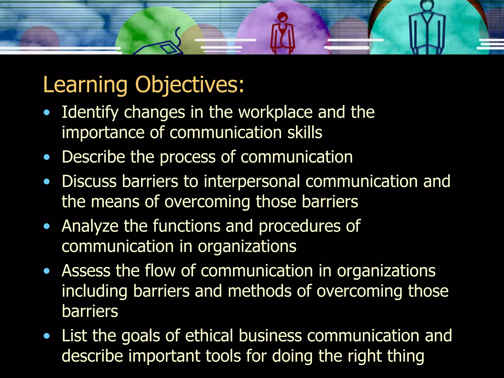 Learning Objectives: Identify changes in the workplace and the importance of communication skills Describe the process of communication Discuss barriers to interpersonal communication and the means of overcoming those barriers Analyze the functions and procedures of communication in organizations Assess the flow of communication in organizations including barriers and methods of overcoming those barriers List the goals of ethical business communication and describe important tools for doing the right thing 