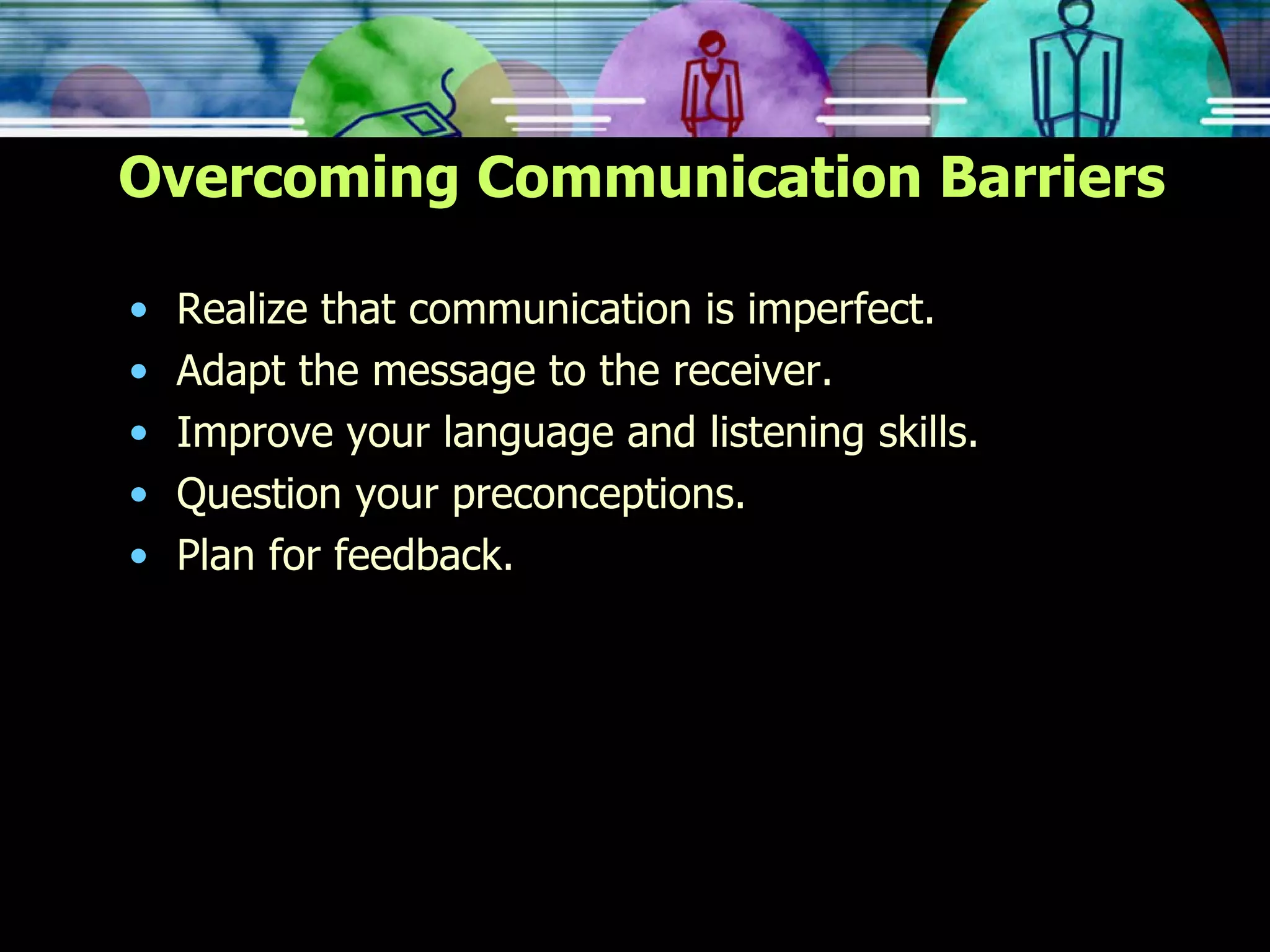 Overcoming Communication Barriers Realize that communication is imperfect. Adapt the message to the receiver. Improve your language and listening skills. Question your preconceptions. Plan for feedback. 