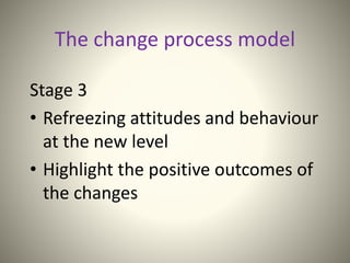 The change process model
Stage 3
• Refreezing attitudes and behaviour
at the new level
• Highlight the positive outcomes of
the changes
 