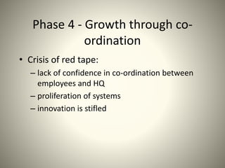 Phase 4 - Growth through co-
ordination
• Crisis of red tape:
– lack of confidence in co-ordination between
employees and HQ
– proliferation of systems
– innovation is stifled
 