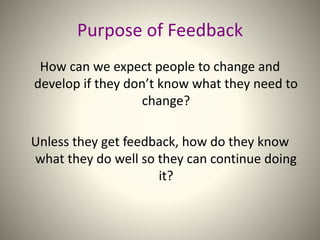 Purpose of Feedback
How can we expect people to change and
develop if they don’t know what they need to
change?
Unless they get feedback, how do they know
what they do well so they can continue doing
it?
 