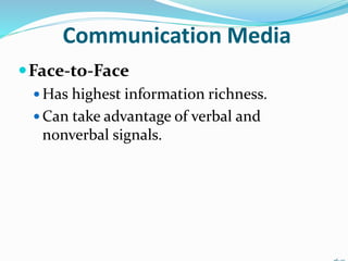Communication Media
Face-to-Face
 Has highest information richness.
 Can take advantage of verbal and
nonverbal signals.
 