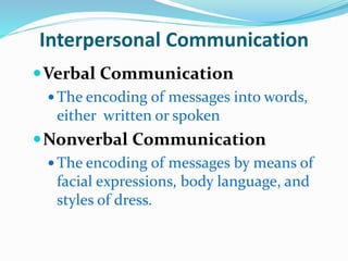 Interpersonal Communication
Verbal Communication
 The encoding of messages into words,
either written or spoken
Nonverbal Communication
 The encoding of messages by means of
facial expressions, body language, and
styles of dress.
 