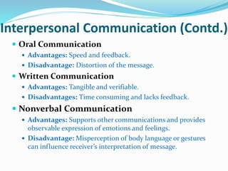 Interpersonal Communication (Contd.)
 Oral Communication
 Advantages: Speed and feedback.
 Disadvantage: Distortion of the message.
 Written Communication
 Advantages: Tangible and verifiable.
 Disadvantages: Time consuming and lacks feedback.
 Nonverbal Communication
 Advantages: Supports other communications and provides
observable expression of emotions and feelings.
 Disadvantage: Misperception of body language or gestures
can influence receiver’s interpretation of message.
 