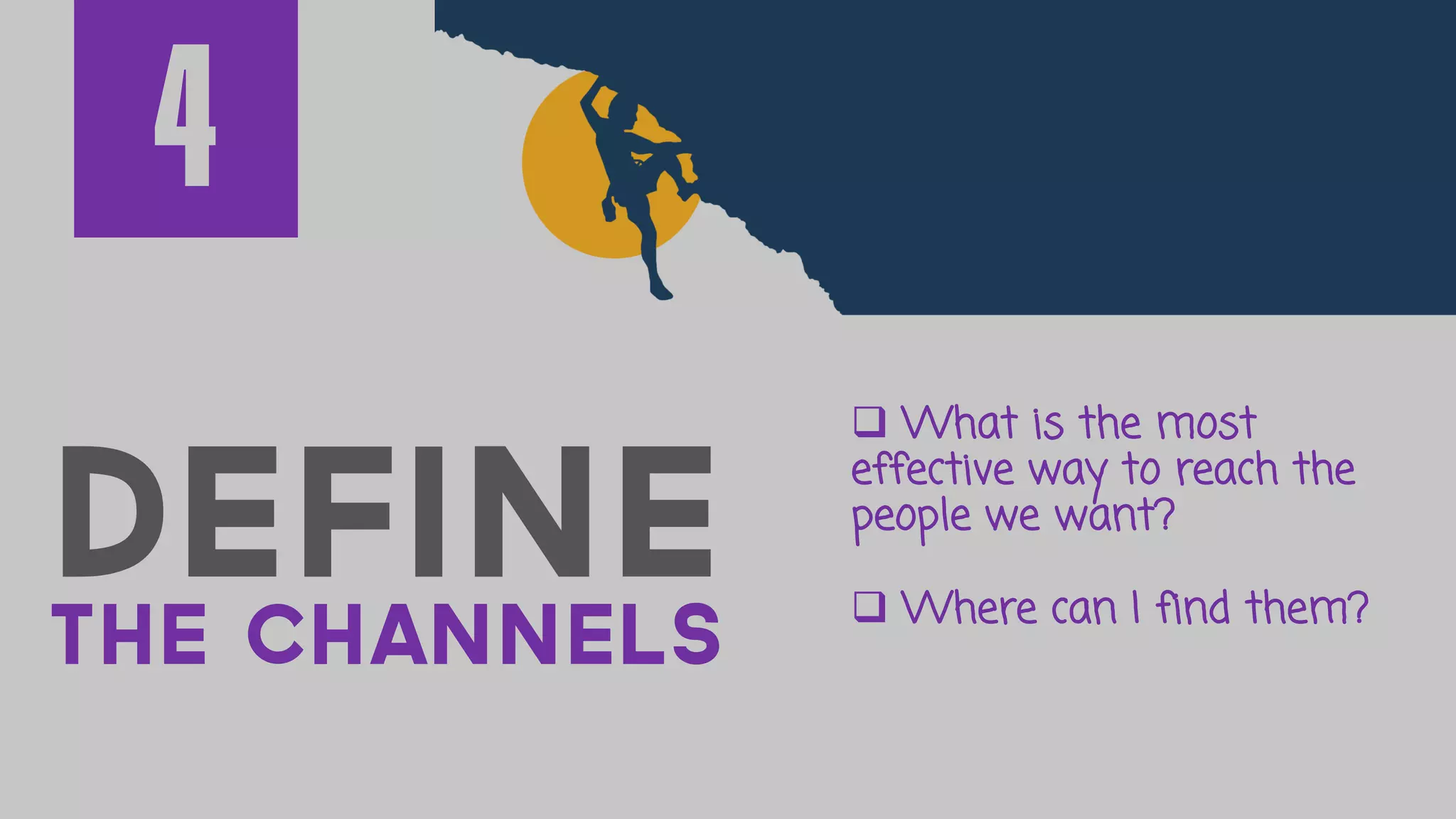 DefineThe CHANNELs
 What is the most
effective way to reach the
people we want?
 Where can I find them?
4
 