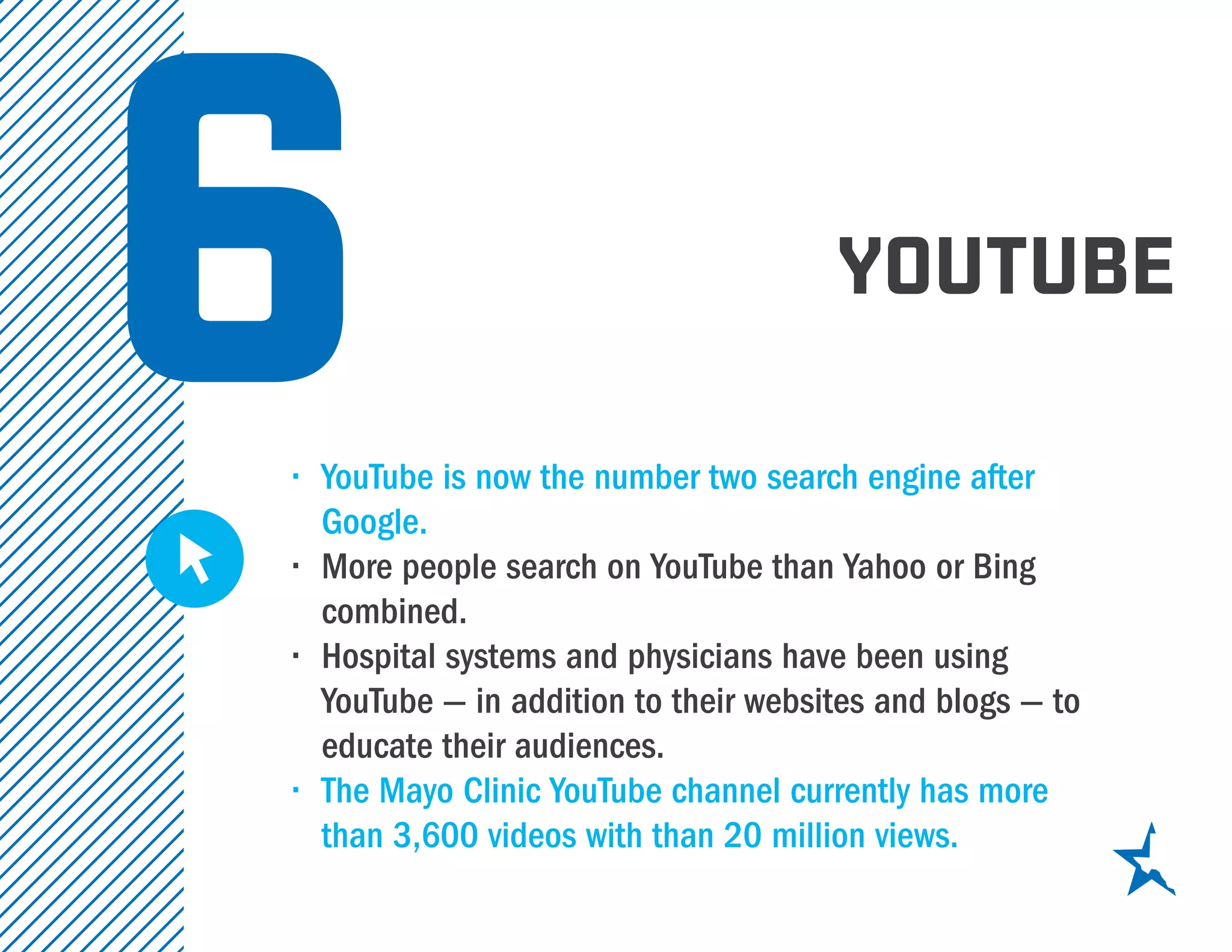 YOUTUBE
6•	 YouTube is now the number two search engine after
Google.
•	 More people search on YouTube than Yahoo or Bing
combined.
•	 Hospital systems and physicians have been using
YouTube — in addition to their websites and blogs — to
educate their audiences.
•	 The Mayo Clinic YouTube channel currently has more
than 3,600 videos with than 20 million views.
 