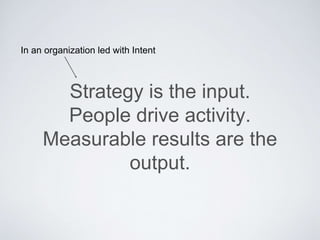 Strategy is the input.
People drive activity.
Measurable results are the output.
In an organization led with Intent
 