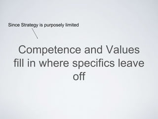 Competence andValues ﬁll in
where speciﬁcs leave off
Since Strategy is purposely limited
 