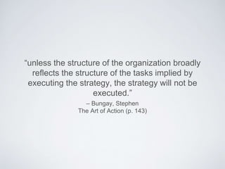 – Bungay, Stephen
The Art of Action (p. 143)
“unless the structure of the organization broadly
reﬂects the structure of the tasks implied by executing
the strategy, the strategy will not be executed.”
 