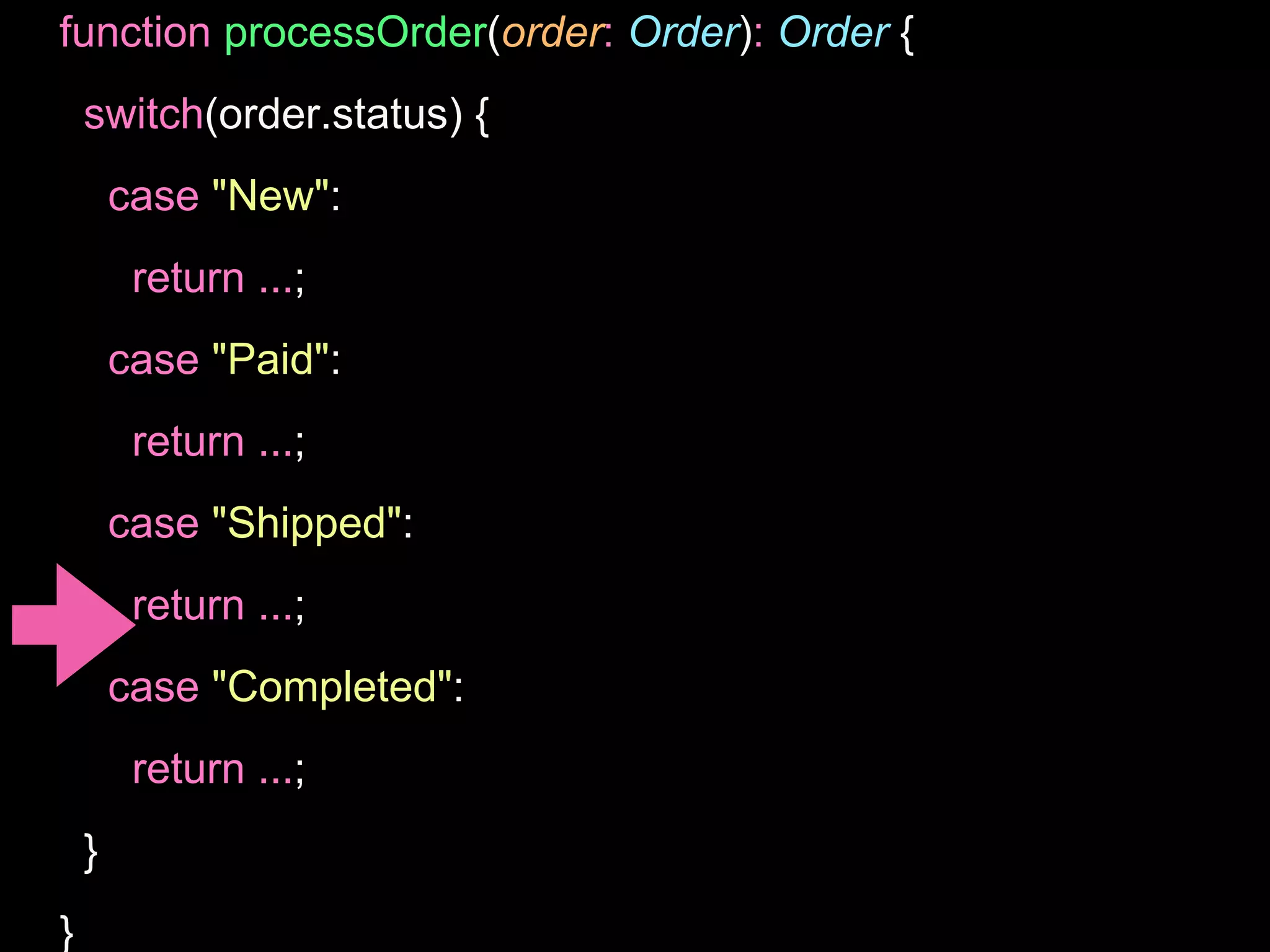 function processOrder(order: Order): Order {
switch(order.status) {
case "New":
return ...;
case "Paid":
return ...;
case "Shipped":
return ...;
case "Completed":
return ...;
}
}
 