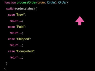 function processOrder(order: Order): Order {
switch(order.status) {
case "New":
return ...;
case "Paid":
return ...;
case "Shipped":
return ...;
case "Completed":
return ...;
}
}
 