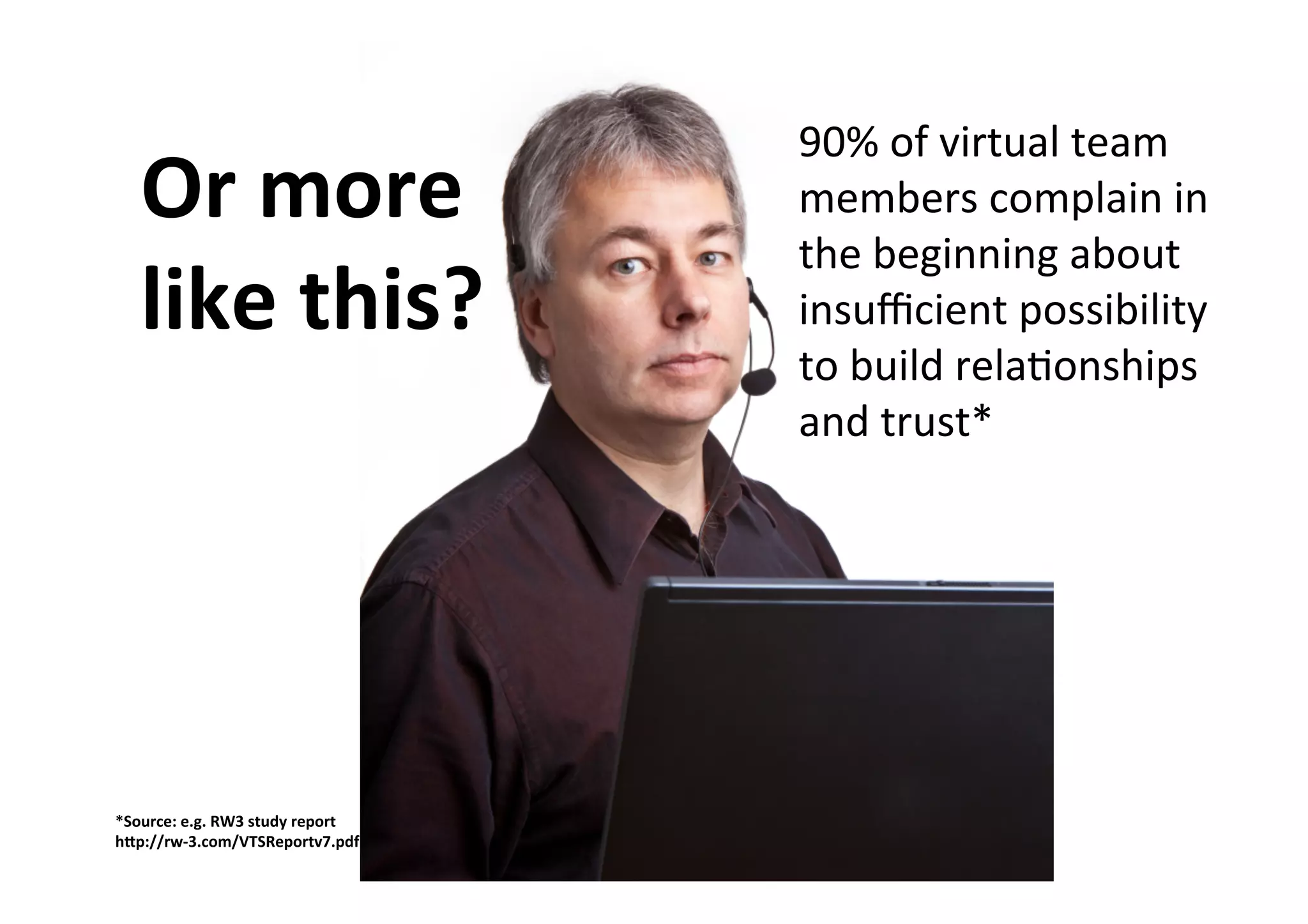 Or 
more 
like 
this? 
90% 
of 
virtual 
team 
members 
complain 
in 
the 
beginning 
about 
insufficient 
possibility 
to 
build 
rela)onships 
and 
trust* 
*Source: 
e.g. 
RW3 
study 
report 
hCp://rw-­‐3.com/VTSReportv7.pdf 
 