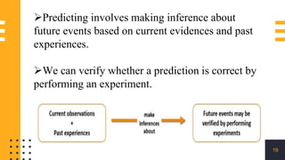 19
Predicting involves making inference about
future events based on current evidences and past
experiences.
We can verify whether a prediction is correct by
performing an experiment.
 