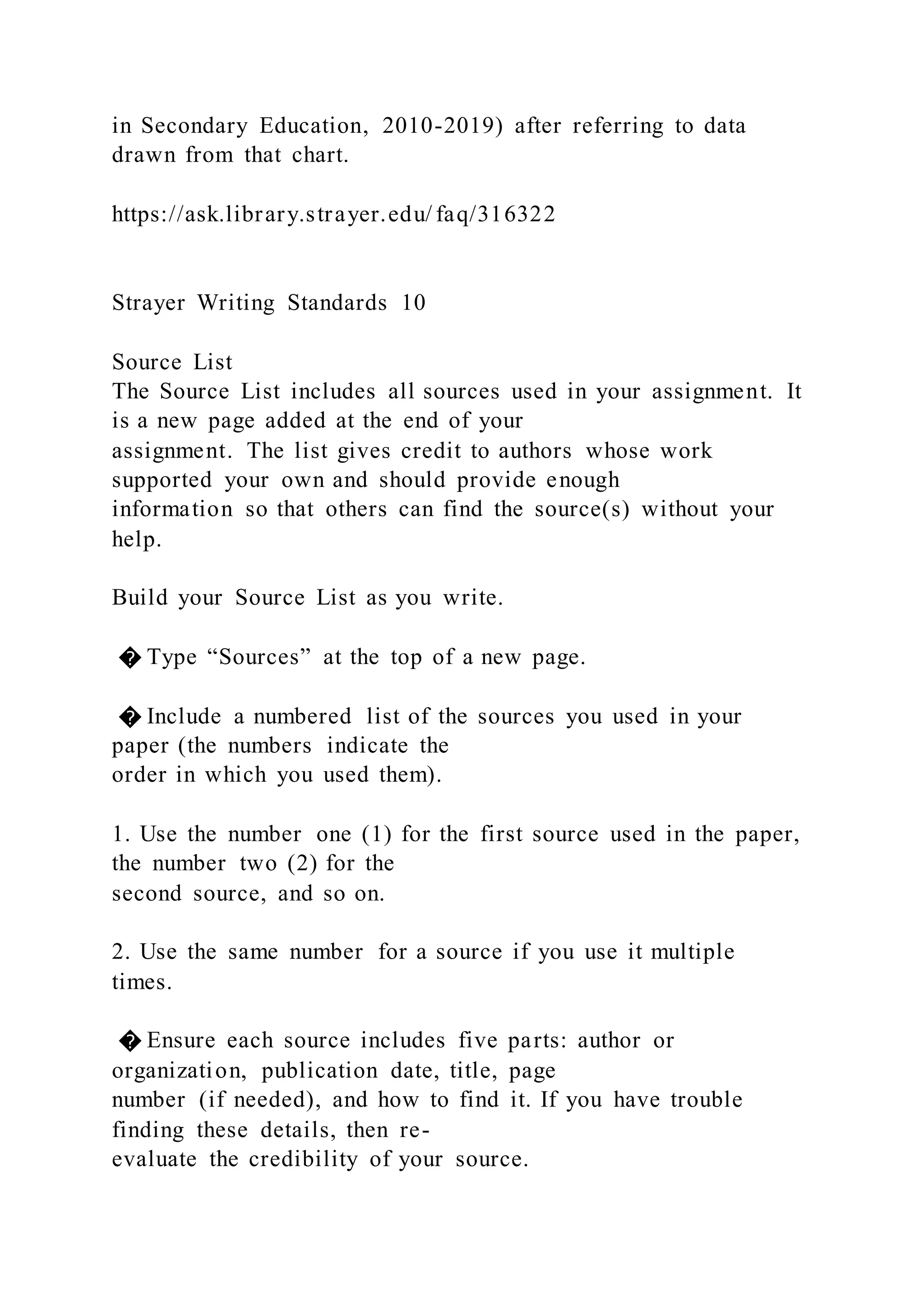 in Secondary Education, 2010-2019) after referring to data
drawn from that chart.
https://ask.library.strayer.edu/ faq/316322
Strayer Writing Standards 10
Source List
The Source List includes all sources used in your assignment. It
is a new page added at the end of your
assignment. The list gives credit to authors whose work
supported your own and should provide enough
information so that others can find the source(s) without your
help.
Build your Source List as you write.
� Type “Sources” at the top of a new page.
� Include a numbered list of the sources you used in your
paper (the numbers indicate the
order in which you used them).
1. Use the number one (1) for the first source used in the paper,
the number two (2) for the
second source, and so on.
2. Use the same number for a source if you use it multiple
times.
� Ensure each source includes five parts: author or
organization, publication date, title, page
number (if needed), and how to find it. If you have trouble
finding these details, then re-
evaluate the credibility of your source.
 