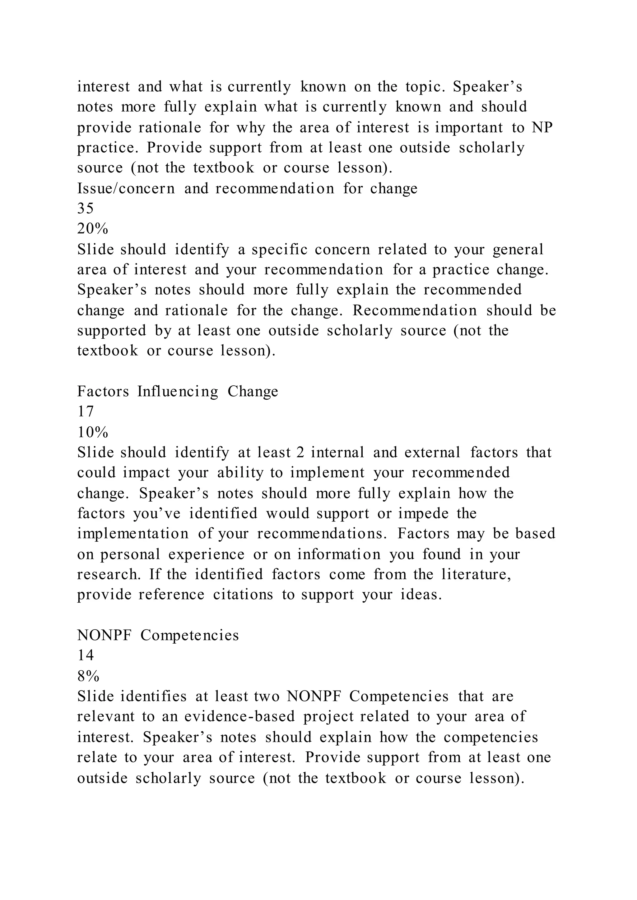 interest and what is currently known on the topic. Speaker’s
notes more fully explain what is currently known and should
provide rationale for why the area of interest is important to NP
practice. Provide support from at least one outside scholarly
source (not the textbook or course lesson).
Issue/concern and recommendation for change
35
20%
Slide should identify a specific concern related to your general
area of interest and your recommendation for a practice change.
Speaker’s notes should more fully explain the recommended
change and rationale for the change. Recommendation should be
supported by at least one outside scholarly source (not the
textbook or course lesson).
Factors Influencing Change
17
10%
Slide should identify at least 2 internal and external factors that
could impact your ability to implement your recommended
change. Speaker’s notes should more fully explain how the
factors you’ve identified would support or impede the
implementation of your recommendations. Factors may be based
on personal experience or on information you found in your
research. If the identified factors come from the literature,
provide reference citations to support your ideas.
NONPF Competencies
14
8%
Slide identifies at least two NONPF Competencies that are
relevant to an evidence-based project related to your area of
interest. Speaker’s notes should explain how the competencies
relate to your area of interest. Provide support from at least one
outside scholarly source (not the textbook or course lesson).
 
