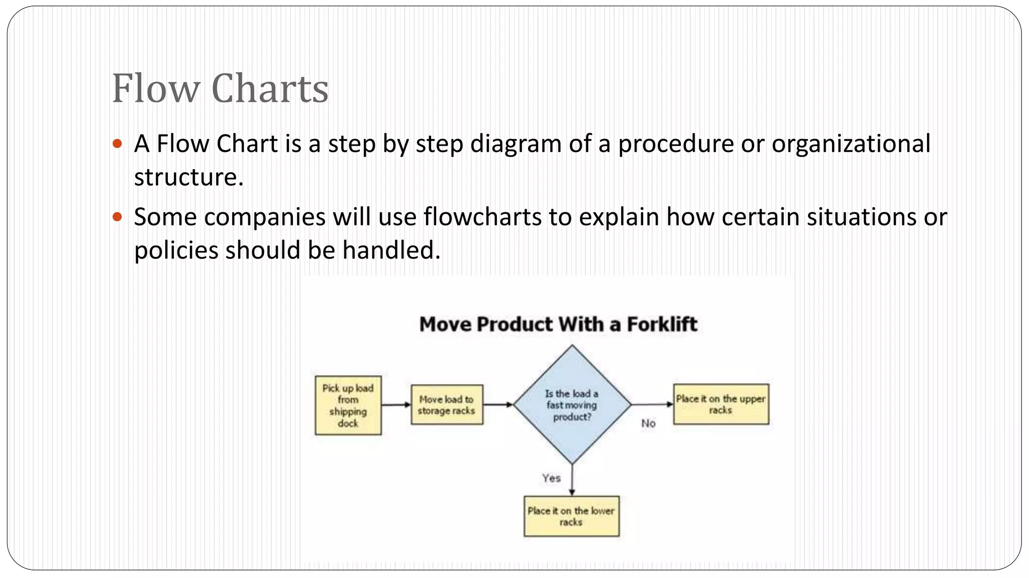 Flow Charts 
 A Flow Chart is a step by step diagram of a procedure or organizational 
structure. 
 Some companies will use flowcharts to explain how certain situations or 
policies should be handled. 
 