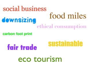 carbon foot print
downsizing
eco tourism
ethical consumption
fair trade
food miles
sustainable
social business
 