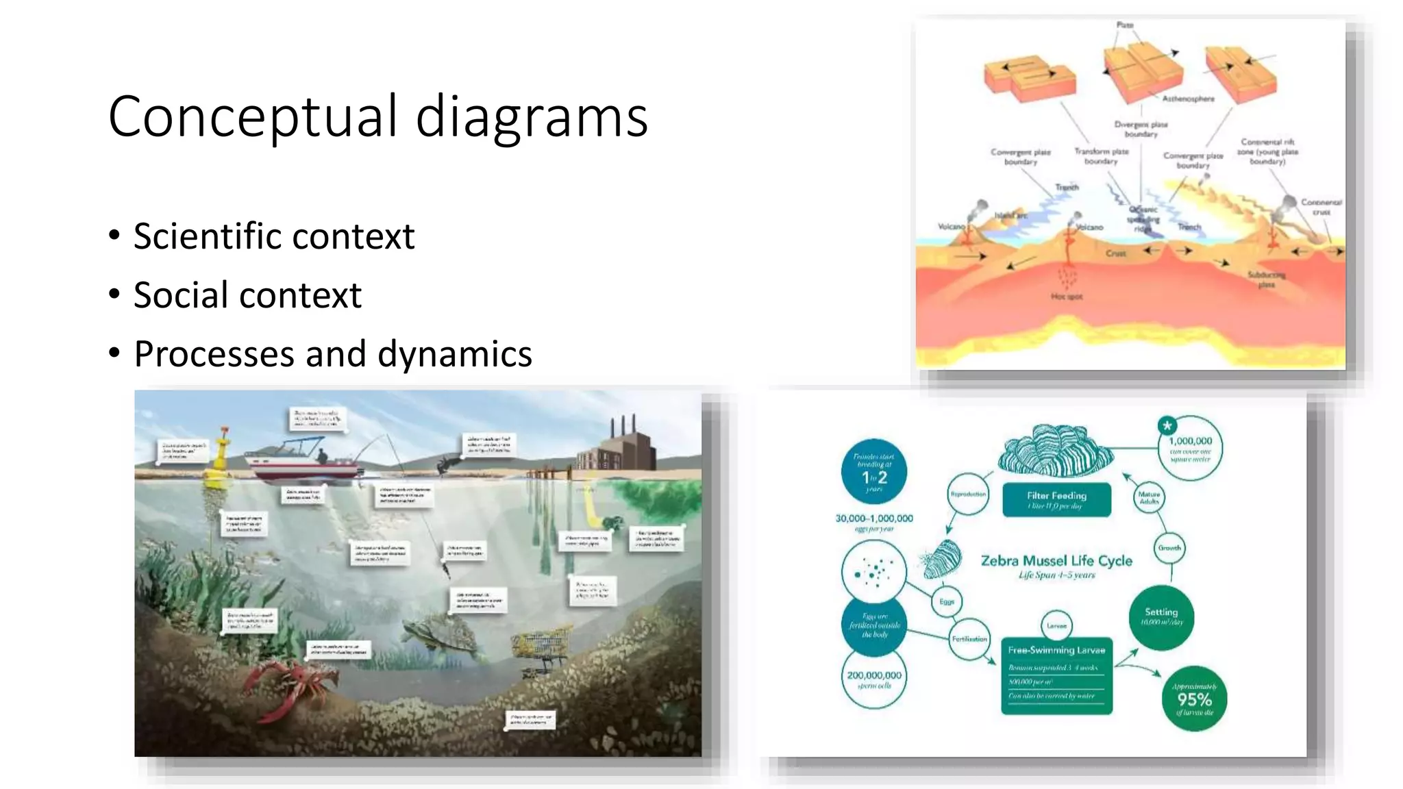 Conceptual diagrams
• Scientific context
• Social context
• Processes and dynamics
 
