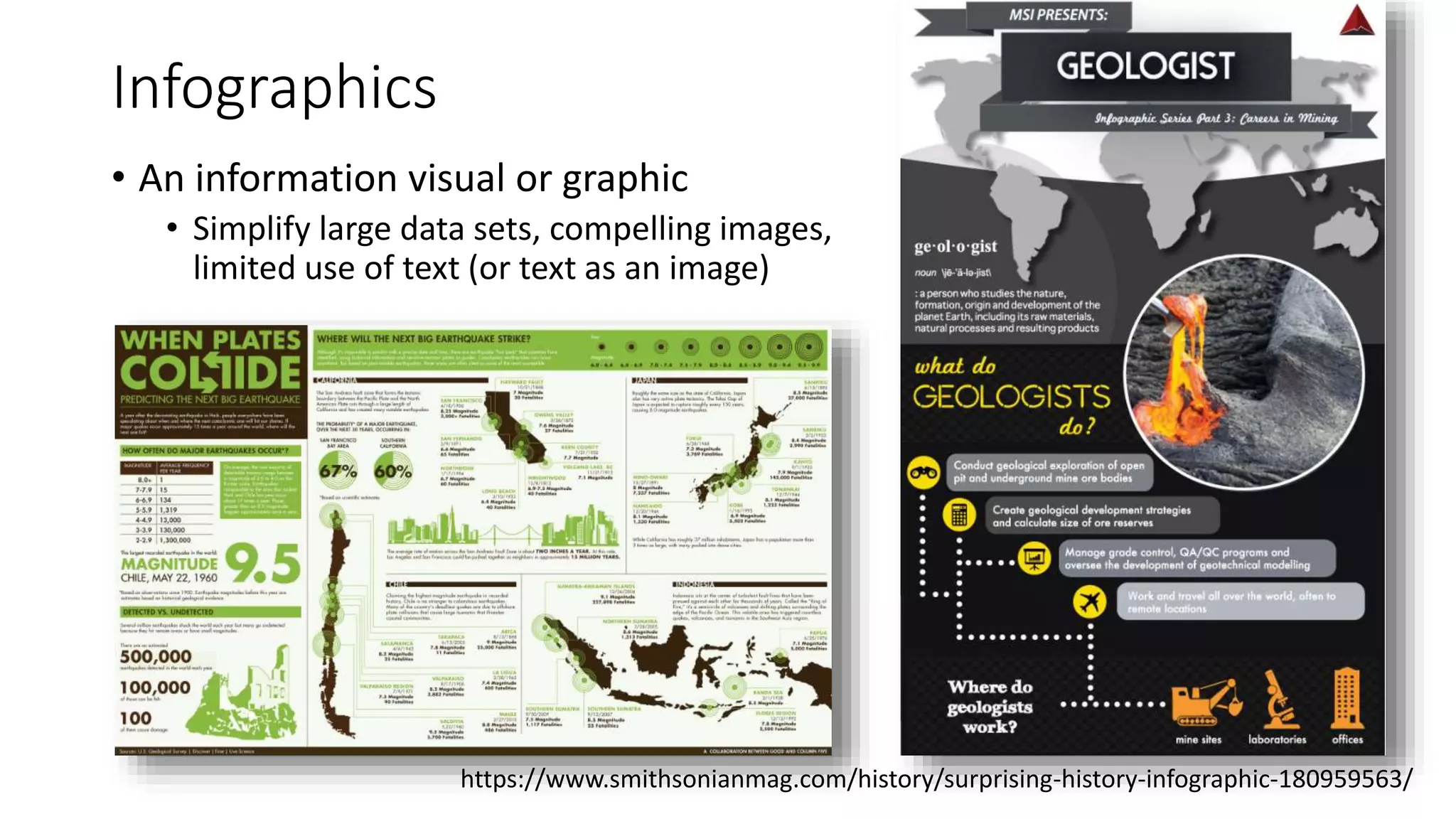 Infographics
• An information visual or graphic
• Simplify large data sets, compelling images,
limited use of text (or text as an image)
https://www.smithsonianmag.com/history/surprising-history-infographic-180959563/
 