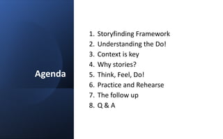 Agenda
1. Storyfinding	Framework


2. Understanding	the	Do!


3. Context	is	key


4. Why	stories?


5. Think,	Feel,	Do!


6. Practice	and	Rehearse


7. The	follow	up


8. Q	&	A
 