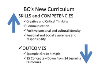 BC’s New Curriculum
SKILLS and COMPETENCIES
Creative and Critical Thinking
Communication
Positive personal and cultural identity
Personal and Social awareness and
responsibility

OUTCOMES
Example: Grade 4 Math
15 Concepts – Down from 24 Learning
Outcomes

 