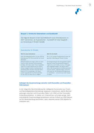 9Empfehlung 1: Top-down-Ansatz darstellen
Aufzeigen des Zusammenhangs zwischen nicht-finanziellen und finanziellen
Informationen
In der integrierten Berichterstattung (der intelligenten Kombination aus Finanz-
und Nachhaltigkeitsberichterstattung) analysieren Unternehmen, welche Wechsel-
wirkungen zwischen nicht-finanziellen Daten (z. B. ESG) und der finanziellen
Entwicklung bestehen. Je stärker sich Unternehmen auf einige wenige, dafür
entscheidende Zusammenhänge konzentrieren und den Einfluss von ESG-Faktoren
auf die Wertentwicklung beschreiben, desto relevanter werden ESG-Aspekte für
Investoren sein.
Beispiel 1: Vorteile für Unternehmen und Gesellschaft
Das folgende Beispiel ist dem Geschäftsbericht eines Chemiekonzerns im
DAX ®
entnommen, der Superabsorber – Kunststoff mit hoher Saugkraft –
zur Verwendung in Windeln herstellt.
Superabsorber für Windeln
Wert für unser Unternehmen
Etwa 30 % Mengenwachstum im Jahr 2010 bei
Superabsorbern für Premiumwindeln der neuen
Generation
Weltweit besteht seit einigen Jahren ein klarer
Trend zu immer dünneren Premiumwindeln
für Babys. Wir haben diesen Trend mitgestaltet,
indem wir in enger Abstimmung mit unseren
Kunden maßgeschneiderte Superabsorber zur
Herstellung dieser Windeln entwickelt haben.
Dadurch ist es uns gelungen, den Absatz
unserer Superabsorber für Premiumwindeln
im Jahr 2010 um etwa 30  % zu steigern.
Wert für die Umwelt
Bis zu 14 % weniger Energieverbrauch über den
gesamten Lebensweg der Windeln hinweg
Der Energieverbrauch über den gesamten Lebens-
weg einer neuen Premiumwindel hinweg ver­
ringert sich je nach Größe um bis zu 14  % gegen-
über Vorgängermodellen. Das liegt vor allem
daran, dass energieintensive Einsatzkomponenten
reduziert werden. Außerdem tragen unsere Pro-
dukte dazu bei, die Windelherstellungsprozesse
zu vereinfachen – und somit noch mehr Energie
zu sparen.
 