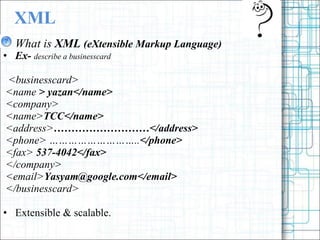 XML What is  XML  (eXtensible Markup Language) Ex-  describe a businesscard <businesscard> <name  > yazan</name> <company> <name> TCC</name> <address> </address> <phone> .. </phone> <fax>  537-4042</fax> </company> <email> Yasyam@google.com</email> </businesscard> Extensible & scalable. 
