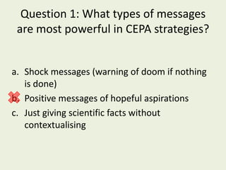 Question 1: What types of messages
 are most powerful in CEPA strategies?


a. Shock messages (warning of doom if nothing
   is done)
b. Positive messages of hopeful aspirations
c. Just giving scientific facts without
   contextualising
 