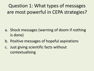 Question 1: What types of messages
 are most powerful in CEPA strategies?


a. Shock messages (warning of doom if nothing
   is done)
b. Positive messages of hopeful aspirations
c. Just giving scientific facts without
   contextualising
 
