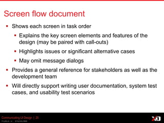 © 2013 K. Bachmann
Communicating UI Design | 25
Screen flow document
 Shows each screen in task order
 Explains the key screen elements and features of the
design (may be paired with call-outs)
 Highlights issues or significant alternative cases
 May omit message dialogs
 Provides a general reference for stakeholders as well as the
development team
 Will directly support writing user documentation, system test
cases, and usability test scenarios
 
