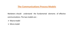 Marketers should understand the fundamental elements of effective
communications. The two models are :
 Macro model
 Micro model
The Communications Process Models
 