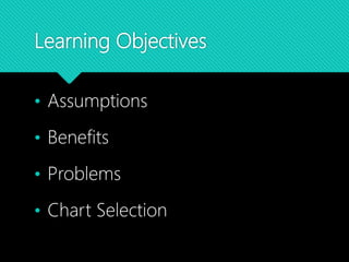 Learning Objectives
• Assumptions
• Benefits
• Problems
• Chart Selection
 