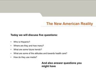 The New American Reality

Today we will discuss five questions:

•   Who is Hispanic?
•   Where are they and how many?
•   What are some future trends?
•   What are some of the attitudes and towards health care?
•   How do they use media?

                                And also answer questions you
                                might have
 