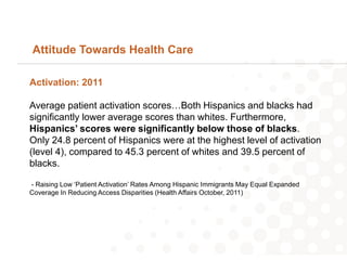 Attitude Towards Health Care

Activation: 2011

Average patient activation scores…Both Hispanics and blacks had
significantly lower average scores than whites. Furthermore,
Hispanics’ scores were significantly below those of blacks.
Only 24.8 percent of Hispanics were at the highest level of activation
(level 4), compared to 45.3 percent of whites and 39.5 percent of
blacks.

- Raising Low ‘Patient Activation’ Rates Among Hispanic Immigrants May Equal Expanded
Coverage In Reducing Access Disparities (Health Affairs October, 2011)
 