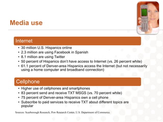 Media use

 Internet
   •   30 million U.S. Hispanics online
   •   2.3 million are using Facebook in Spanish
   •   8.1 million are using Twitter
   •   50 percent of Hispanics don’t have access to Internet (vs. 26 percent white)
   •   61.1 percent of Denver-area Hispanics access the Internet (but not necessarily
       using a home computer and broadband connection)


 Cellphone
   •   Higher use of cellphones and smartphones
   •   83 percent send and receive TXT MSGS (vs. 70 percent white)
   •   75 percent of Denver-area Hispanics own a cell phone
   •   Subscribe to paid services to receive TXT about different topics are
       popular
 Sources: Scarborough Research, Pew Research Center, U.S. Department of Commerce.
 