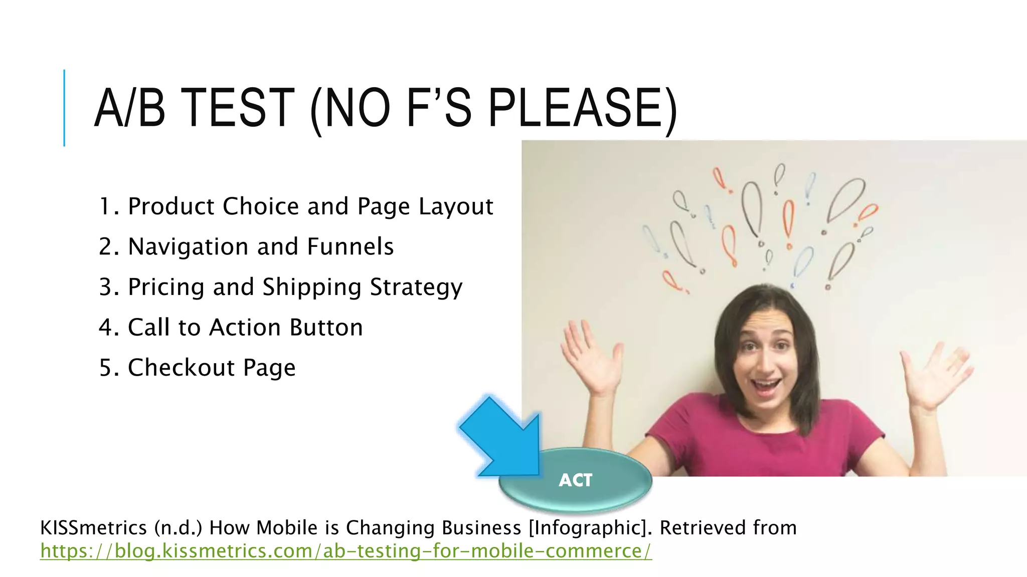 A/B TEST (NO F’S PLEASE)
1. Product Choice and Page Layout
2. Navigation and Funnels
3. Pricing and Shipping Strategy
4. Call to Action Button
5. Checkout Page
KISSmetrics (n.d.) How Mobile is Changing Business [Infographic]. Retrieved from
https://blog.kissmetrics.com/ab-testing-for-mobile-commerce/
ACT
 