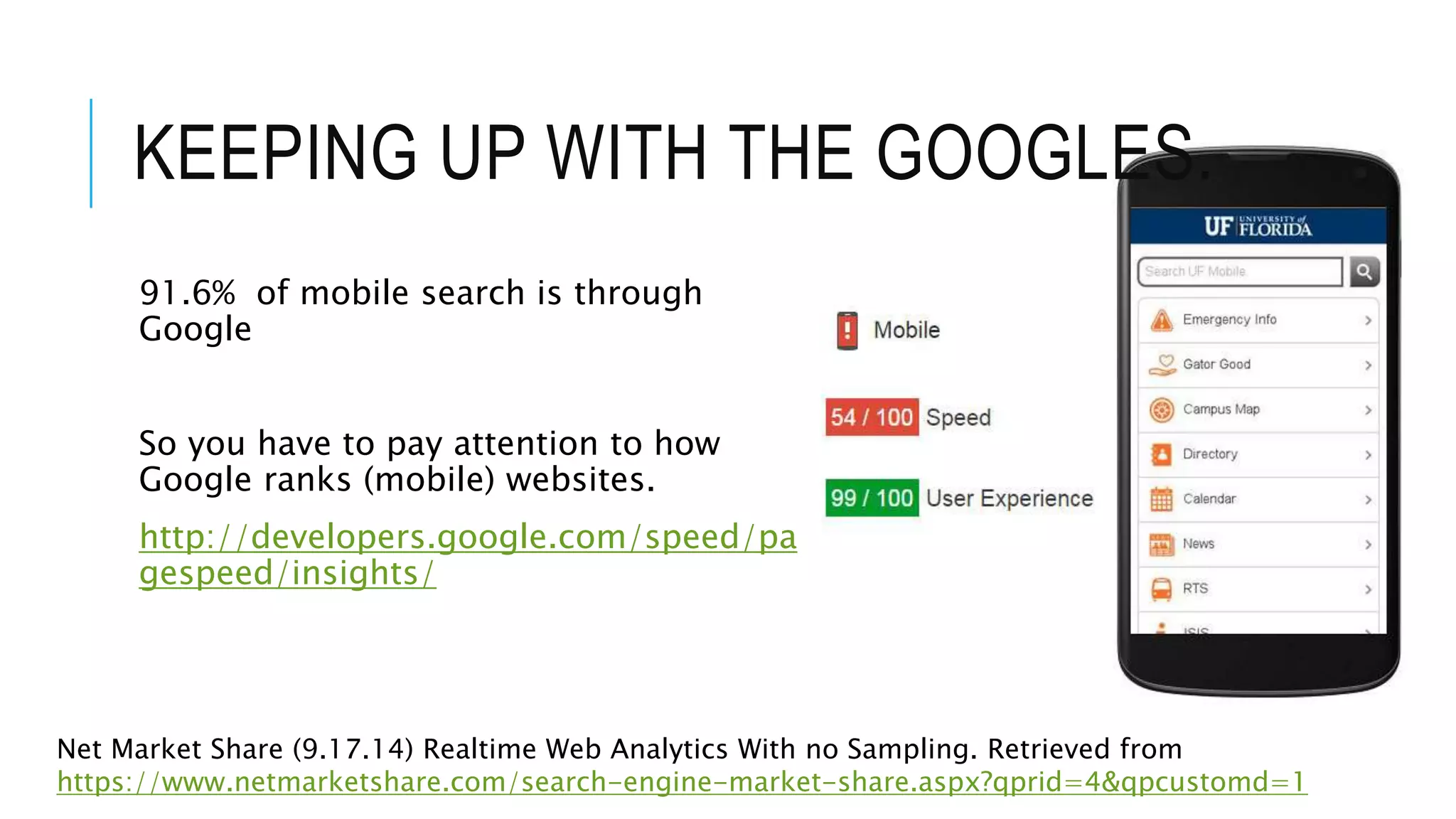 KEEPING UP WITH THE GOOGLES.
91.6% of mobile search is through
Google
So you have to pay attention to how
Google ranks (mobile) websites.
http://developers.google.com/speed/pa
gespeed/insights/
Net Market Share (9.17.14) Realtime Web Analytics With no Sampling. Retrieved from
https://www.netmarketshare.com/search-engine-market-share.aspx?qprid=4&qpcustomd=1
 