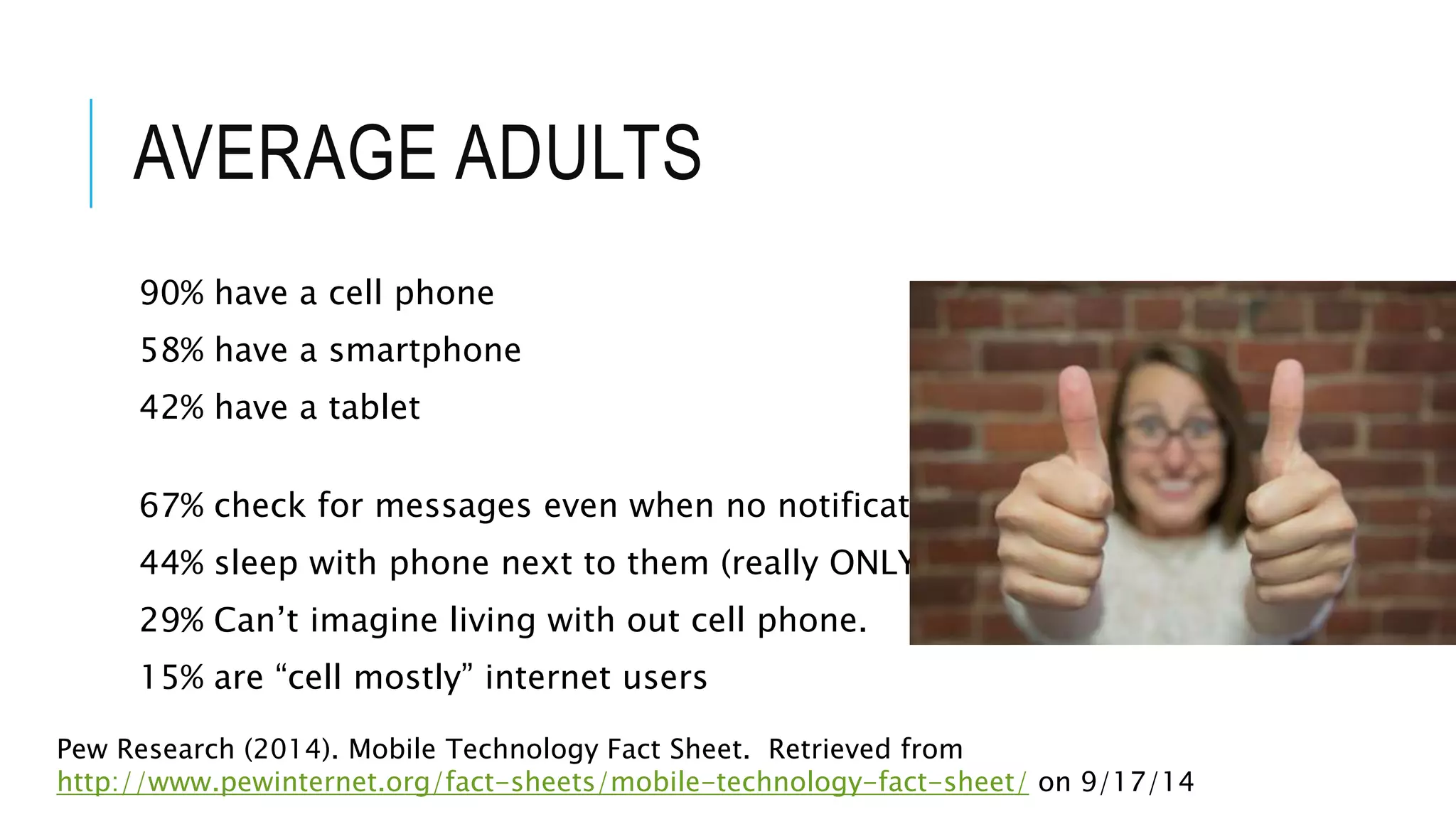 AVERAGE ADULTS
90% have a cell phone
58% have a smartphone
42% have a tablet
67% check for messages even when no notification
44% sleep with phone next to them (really ONLY 44%??)
29% Can’t imagine living with out cell phone.
15% are “cell mostly” internet users
Pew Research (2014). Mobile Technology Fact Sheet. Retrieved from
http://www.pewinternet.org/fact-sheets/mobile-technology-fact-sheet/ on 9/17/14
 