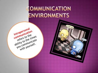 Communication environmentsIntrapersonal communication refers to the ability to the times you communicate with yourself.