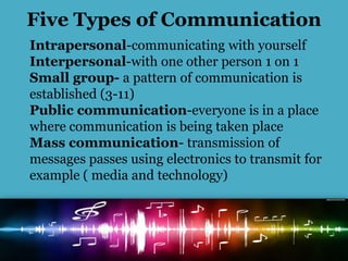 Five Types of Communication
Intrapersonal-communicating with yourself
Interpersonal-with one other person 1 on 1
Small group- a pattern of communication is
established (3-11)
Public communication-everyone is in a place
where communication is being taken place
Mass communication- transmission of
messages passes using electronics to transmit for
example ( media and technology)
 