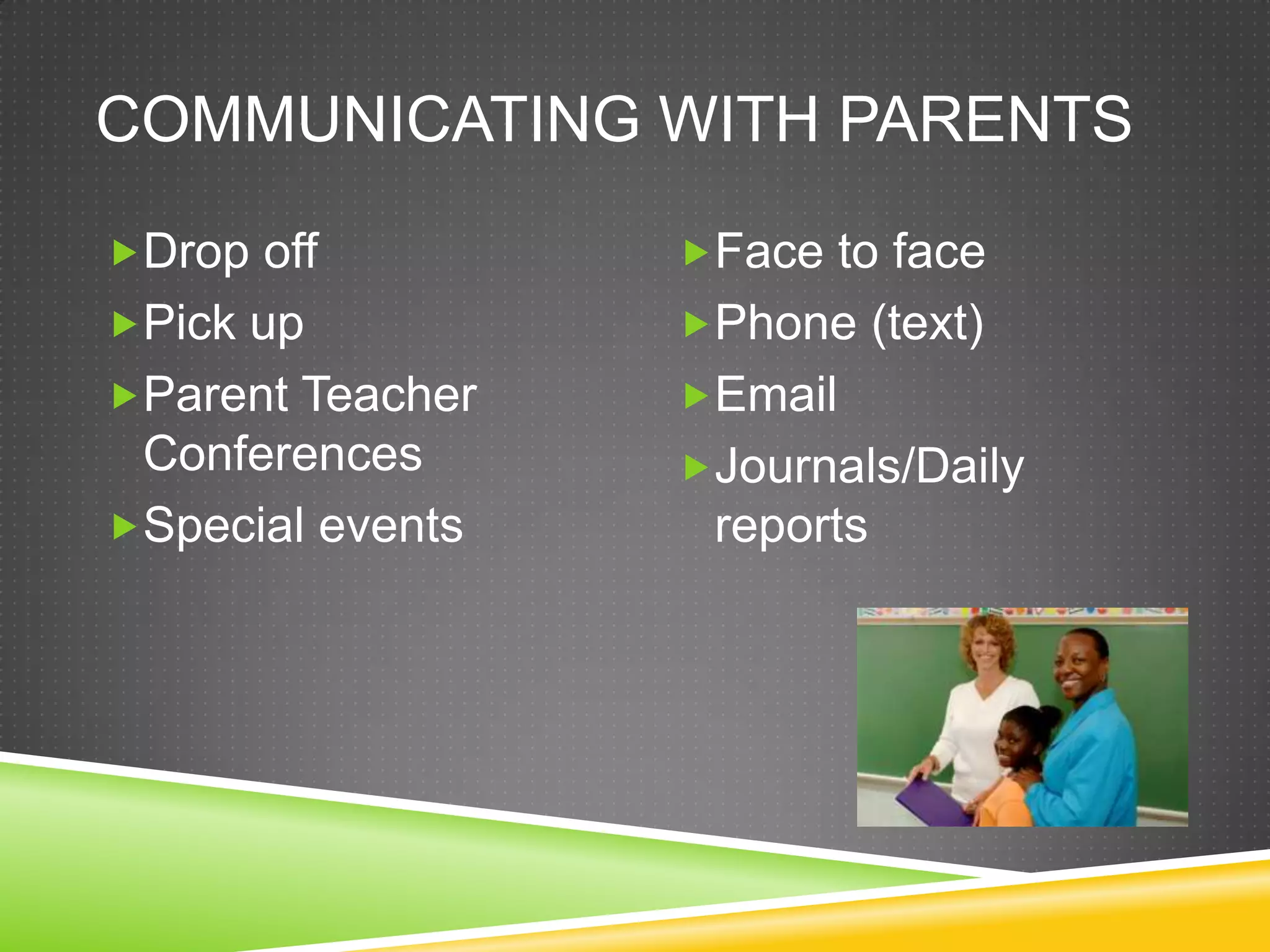 COMMUNICATING WITH PARENTS
Drop off         Face to face
Pick up          Phone (text)
Parent Teacher   Email
 Conferences      Journals/Daily
Special events    reports
 