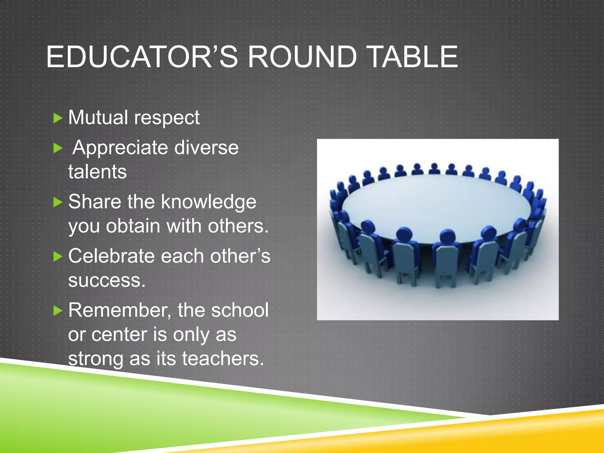 EDUCATOR’S ROUND TABLE
 Mutual respect
 Appreciate diverse
  talents
 Share the knowledge
  you obtain with others.
 Celebrate each other’s
  success.
 Remember, the school
  or center is only as
  strong as its teachers.
 