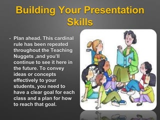 Building Your Presentation 
Skills 
• Plan ahead. This cardinal 
rule has been repeated 
throughout the Teaching 
Nuggets ,and you’ll 
continue to see it here in 
the future. To convey 
ideas or concepts 
effectively to your 
students, you need to 
have a clear goal for each 
class and a plan for how 
to reach that goal. 
 