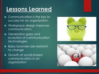 Lessons Learned
 Communication is the key to
success for an organization.
 Workspace design improves
communication.
 Generation gaps and
evolution of communication
technologies
 Baby boomers are resistant
to change
 Growth of social-based
communication in an
organization
 