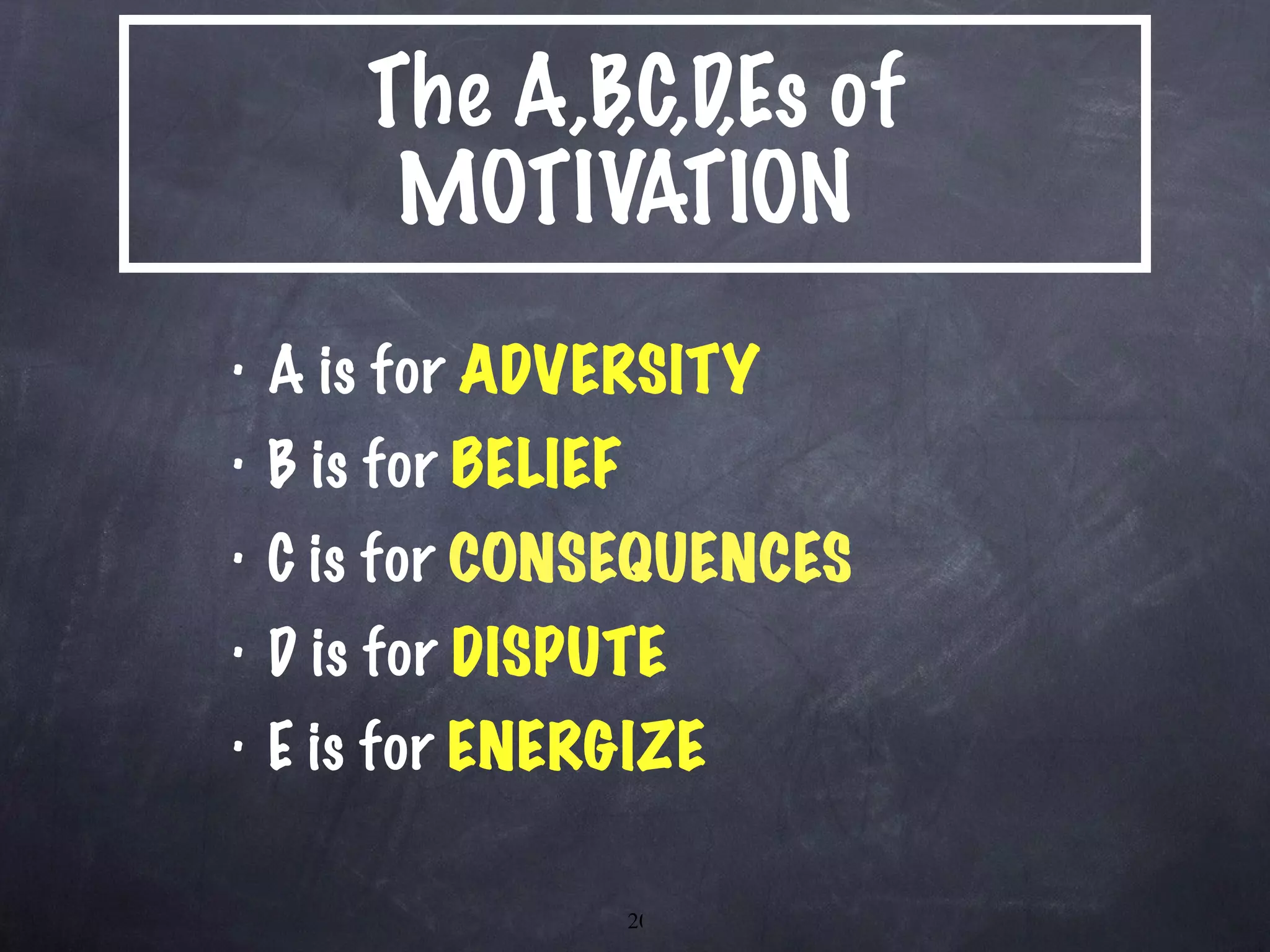 The A,B,C,D,Es of MOTIVATION  A is for  ADVERSITY B is for  BELIEF C is for  CONSEQUENCES D is for  DISPUTE E is for  ENERGIZE 