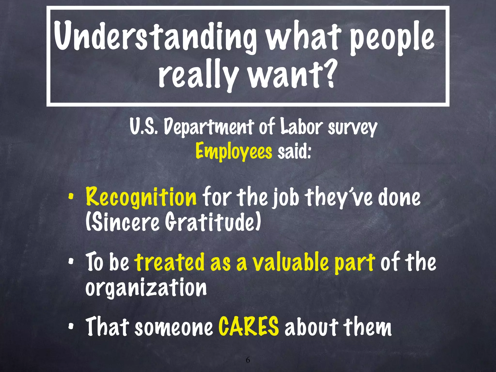 Understanding what people  really want? Recognition  for the job they’ve done  (Sincere Gratitude) To be  treated as a valuable part  of the organization That someone  CARES  about them U.S. Department of Labor survey Employees  said: 