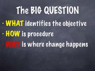 The BIG QUESTION WHAT   identifies the objective HOW   is procedure WHY   is where change happens 