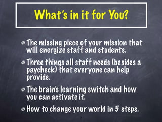 What’s in it for You? The missing piece of your mission that will energize staff and students. Three things all staff needs (besides a paycheck) that everyone can help provide. The brain’s learning switch and how you can activate it. How to change your world in 5 steps. 