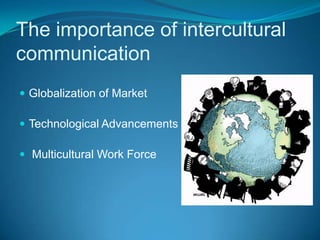 The importance of interculturalcommunicationGlobalization of MarketTechnological Advancements Multicultural Work Force